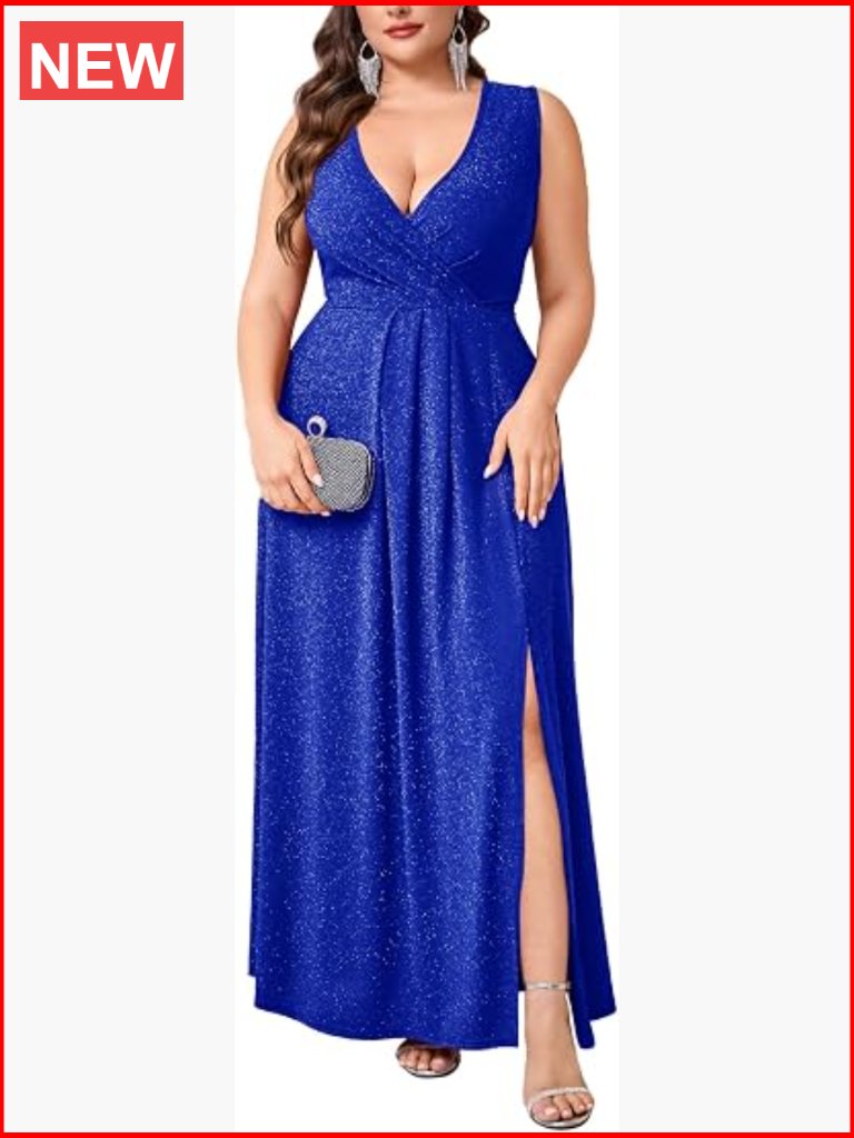 Plus Size Sparkly Glitter Formal Maxi A Line Dress Wrap V Neck Sleeveless Prom